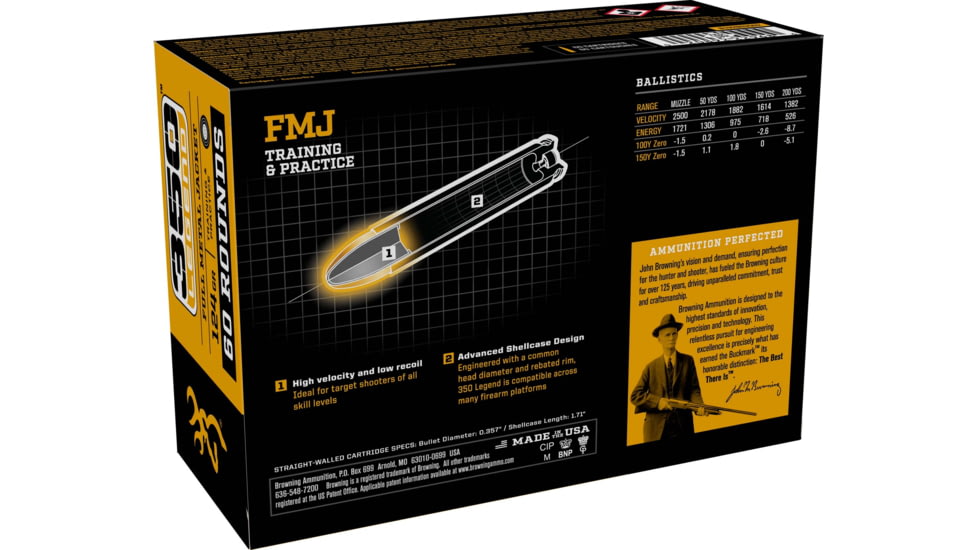 Browning FMJ Target .350 Legend 124 grain Full Metal Jacket Brass Cased Centerfire Rifle Ammo, 60 Rounds, B192803502
