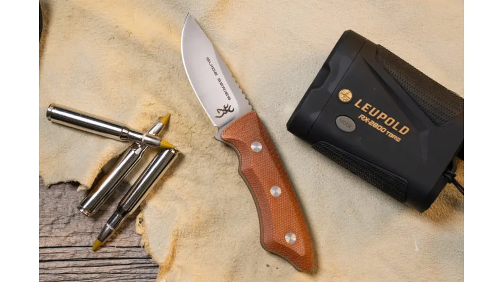 Browning Guide Series Fixed Blade Knife, 3in, Sandvik 14C28N, Drop Point, Composite Handle, Split Grain Leather, 3220498B
