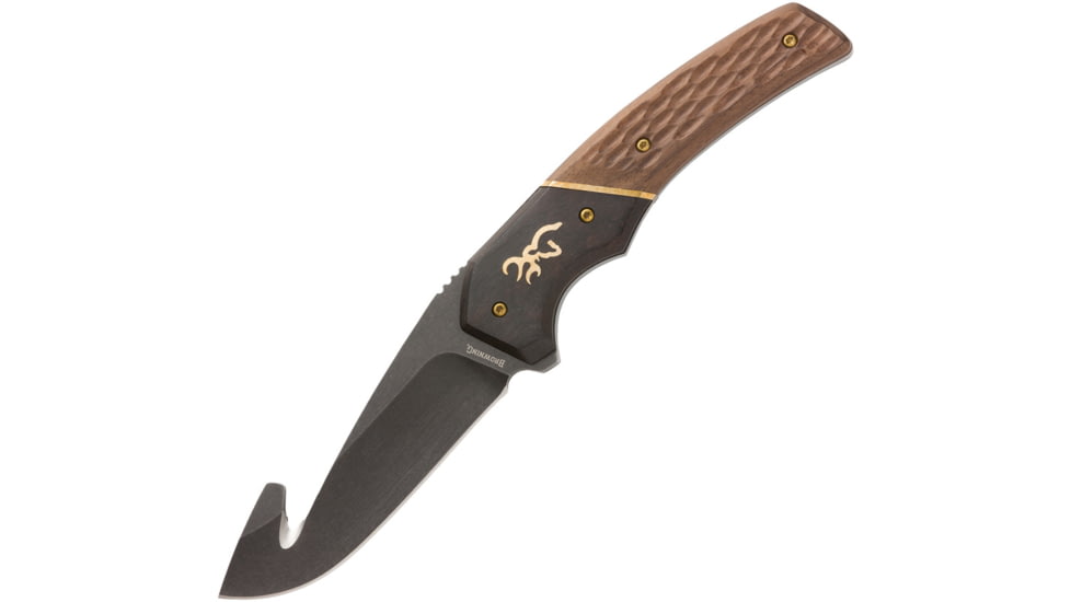Browning Hunter Fixed Blade Guthook Knife, 3.5 black stonewash finish 440C stainless guthook, Two-tone finish sculpted wood handle, 3220396B
