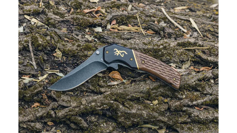 Browning Hunter Folding Knife, 3.5in, 440-C, Straight Back, Wood Handle, N, 3220392