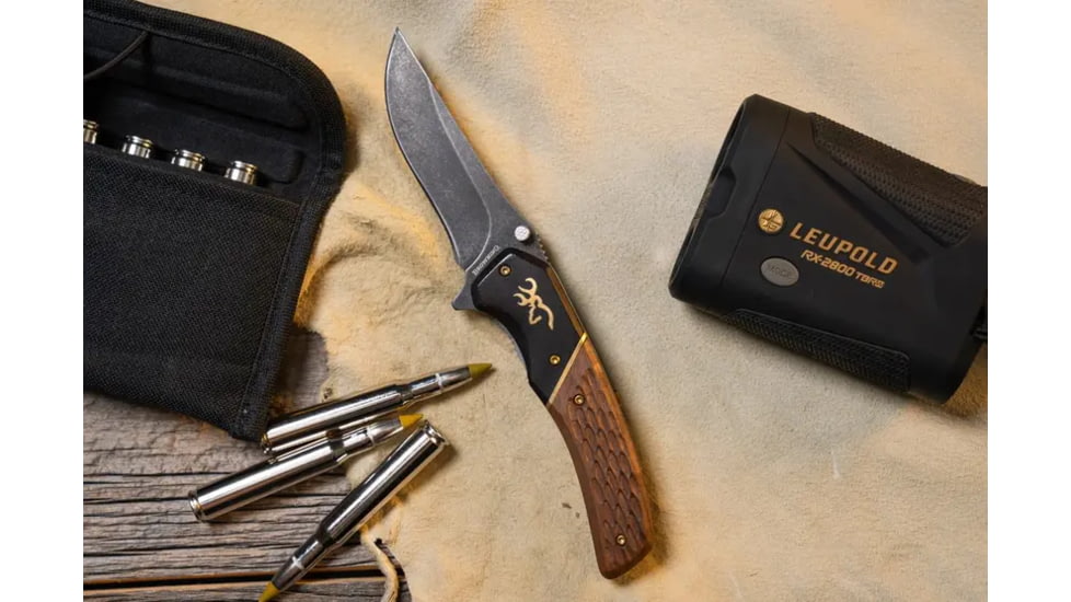 Browning Hunter Folding Knife, 3.5in, 440-C, Straight Back, Wood Handle, N, 3220392