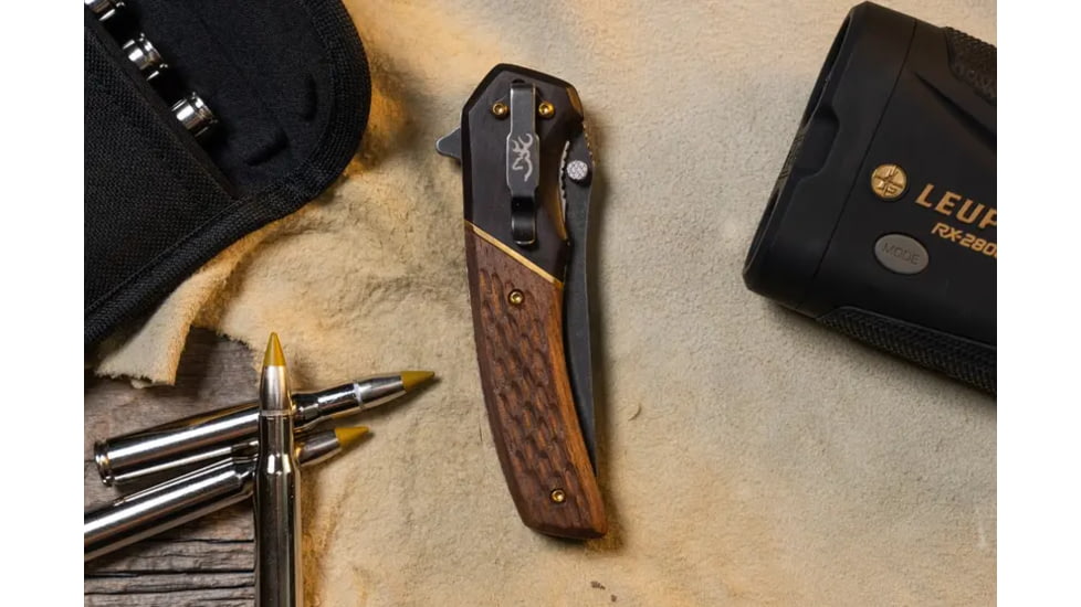 Browning Hunter Folding Knife, 3.5in, 440-C, Straight Back, Wood Handle, N, 3220392