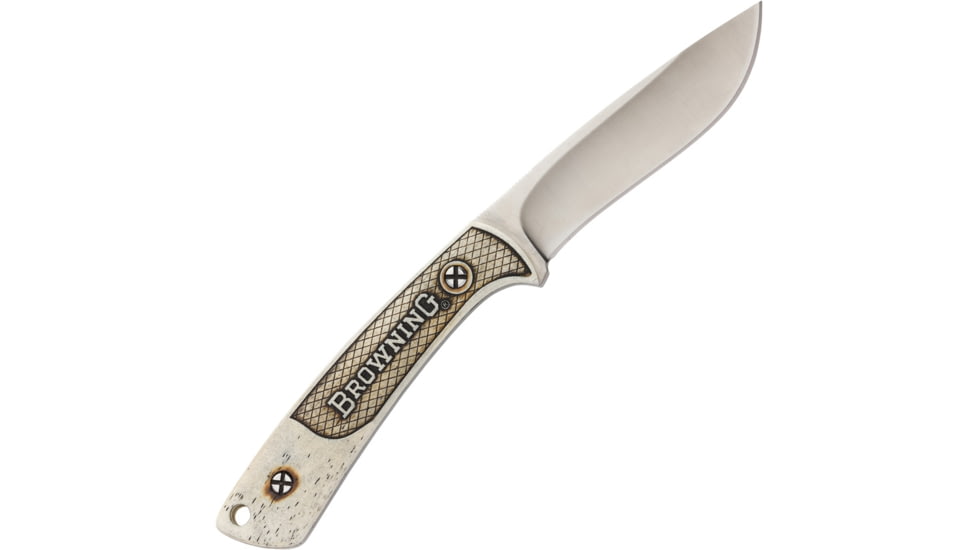 Browning JMB Presentation Knife Fixed Blade Knife, 7.75in Overall, 3.5in Satin SS Blade, White Bone Handle, Laser Engraved John M, Browning Handle Artwork, Comes w/Wooden Box, White, 3220200