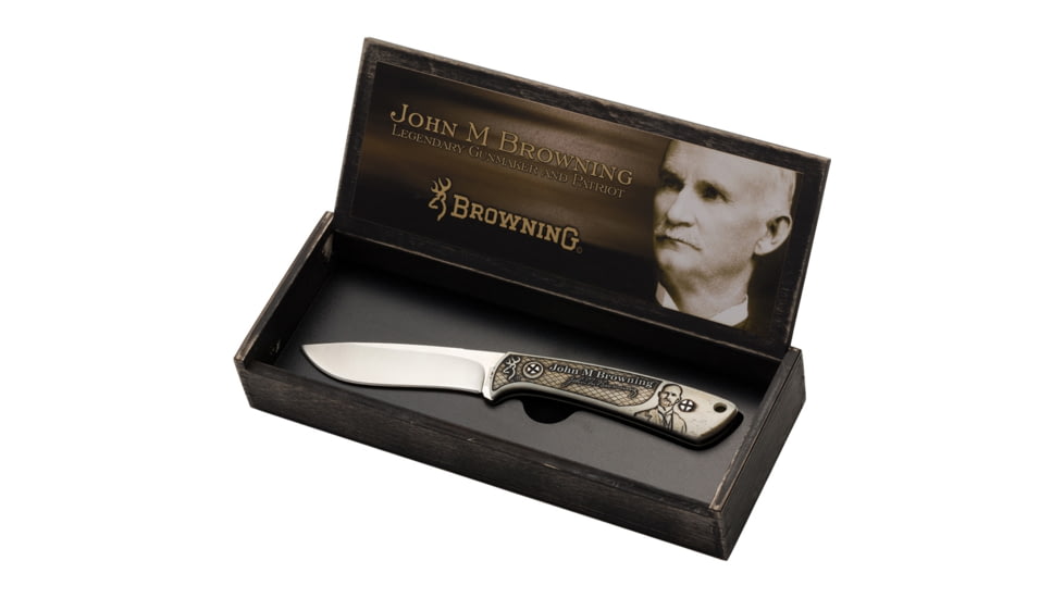 Browning JMB Presentation Knife Fixed Blade Knife, 7.75in Overall, 3.5in Satin SS Blade, White Bone Handle, Laser Engraved John M, Browning Handle Artwork, Comes w/Wooden Box, White, 3220200