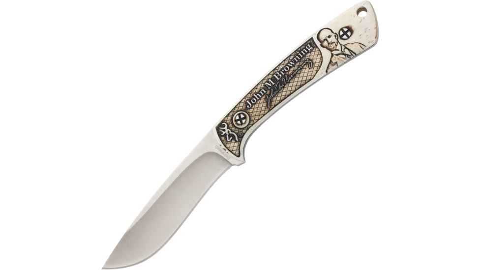 Browning JMB Presentation Knife Fixed Blade Knife, 7.75in Overall, 3.5in Satin SS Blade, White Bone Handle, Laser Engraved John M, Browning Handle Artwork, Comes w/Wooden Box, White, 3220200