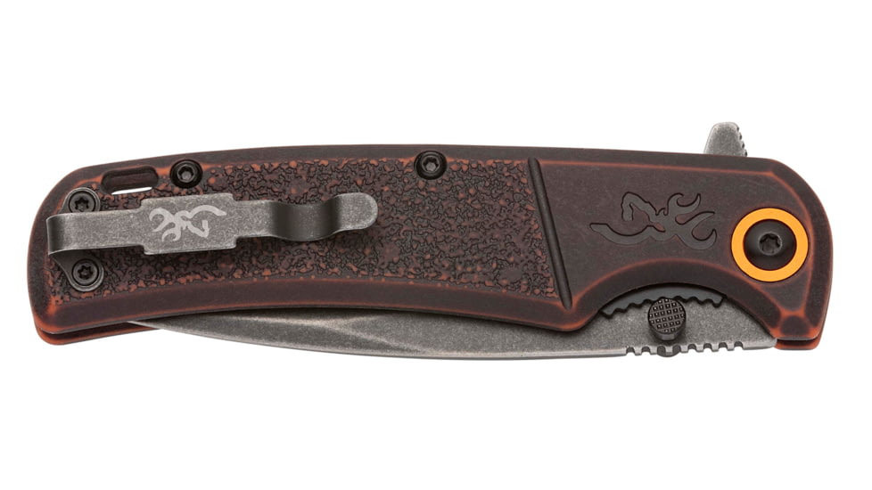Browning Buckmark Slim Wash Folding Knife, Box Packaging, 3.13in, D2 High Carbon Steel, Drop Point Blade, Bronze Stonewashed Polymer, Black/Orange Handle, 3220581B