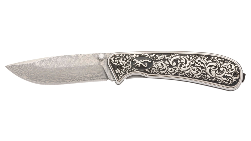 Browning Grand Pass Folding Knife, 3.5in, Damascus Steel, Drop Point Blade, Stainless Steel Handle, 3220580B