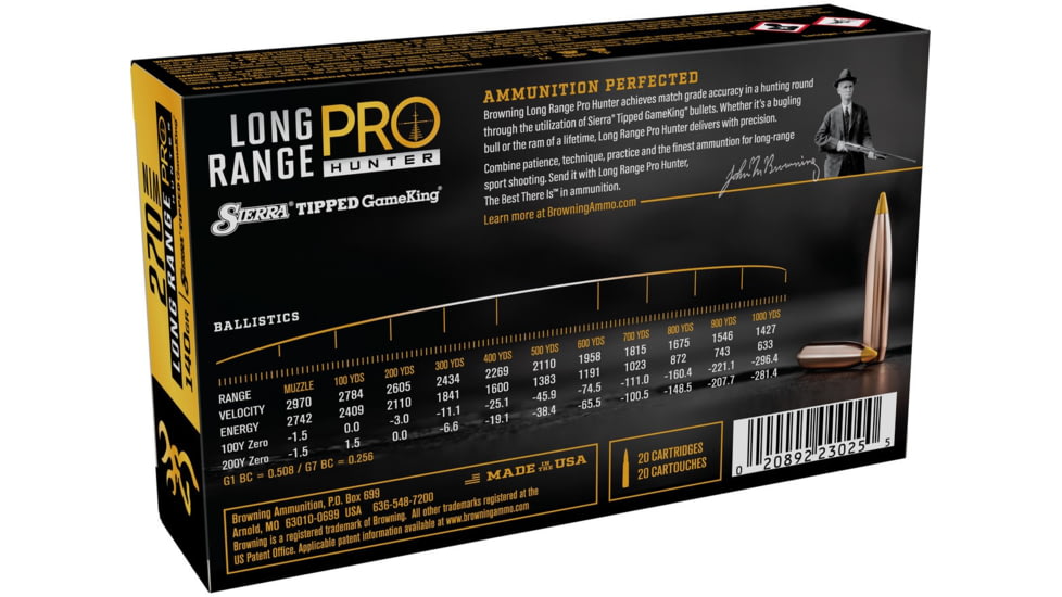 Browning Long Range Pro .270 Winchester 140 grain Sierra Tipped GameKing Nickel Plated Brass Cased Centerfire Rifle Ammo, 20 Rounds, B192502702