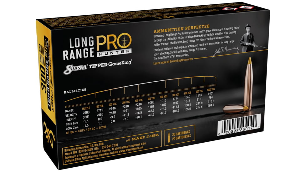 Browning Long Range Pro .300 Winchester Short Magnum 180 grain Sierra Tipped GameKing Nickel Plated Brass Cased Centerfire Rifle Ammo, 20 Rounds, B192530002