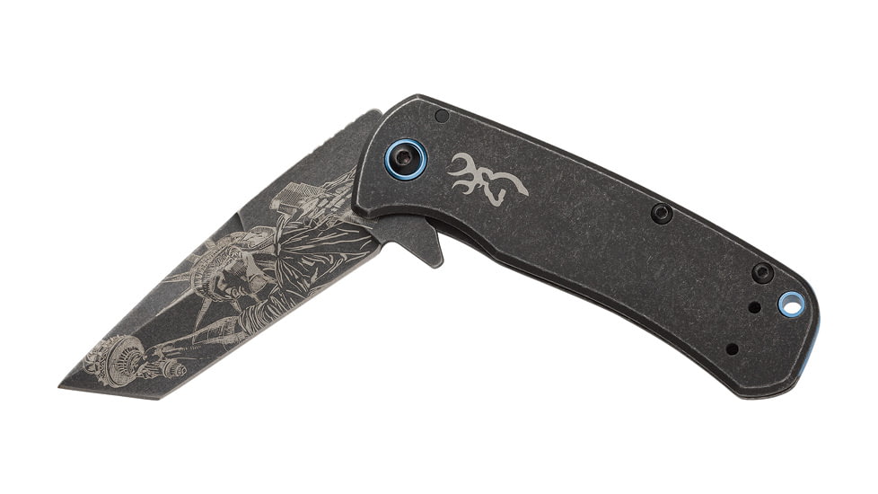 Browning Patriot Tanto Folding Knife, 3.63in Closed, 2.63in Black Stonewash Stainless Talon Blade, Black Stonewash SS Handle, 3220459B