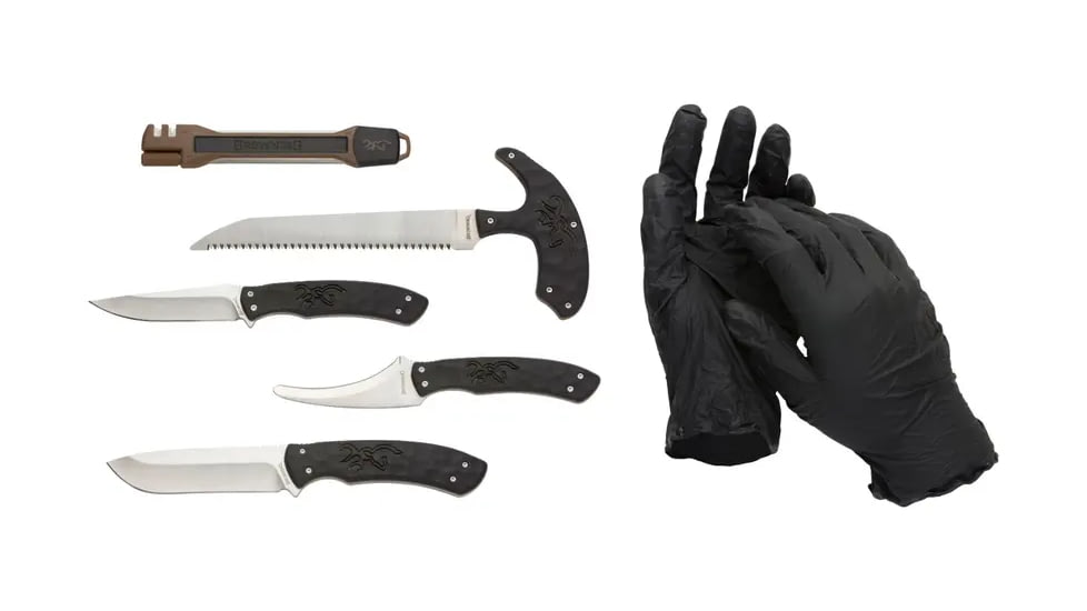 Browning Primal Combo 6PC Fixed Blade Knife - Box, 3.75in, Stainless Steel, Caper/Guthook/Skinner, Polymer/Rubber Handle, Tan, 3220422B