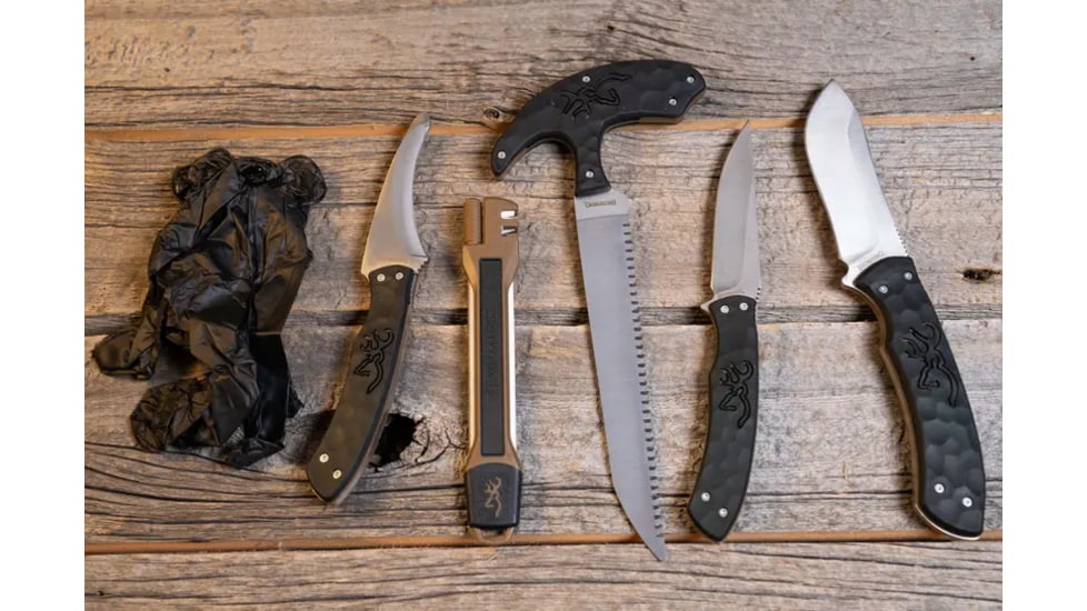 Browning Primal Combo 6PC Fixed Blade Knife - Box, 3.75in, Stainless Steel, Caper/Guthook/Skinner, Polymer/Rubber Handle, Tan, 3220422B