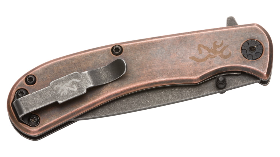 Browning Rivet Folder 3in Knife, Drop Point, D2 Steel Blade, Laminate Handle, Copper, 3220473