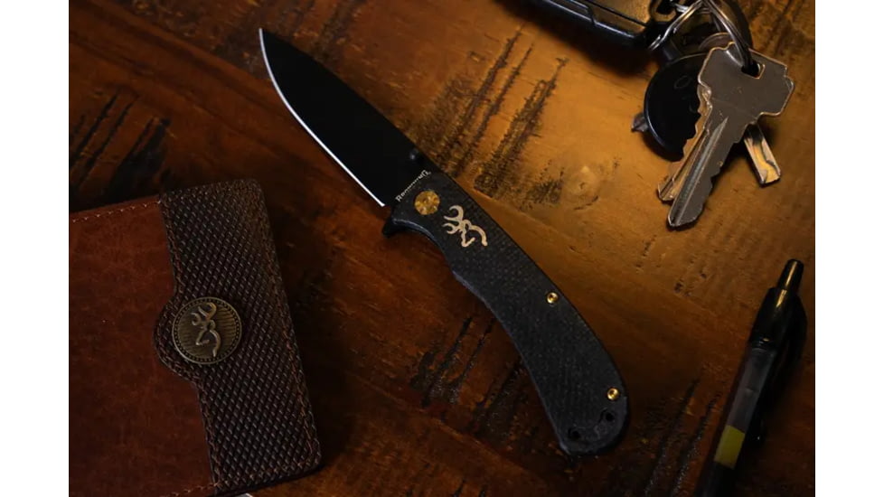 Browning Rivet Folding Knife, 3in, D2 High Carbon Steel, Drop Point, Laminate Handle, N, 3220474