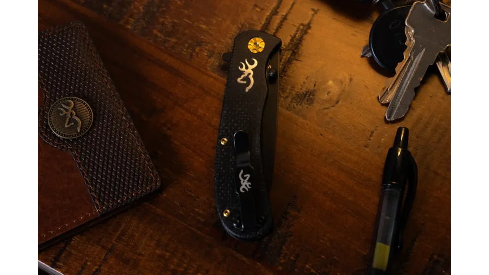 Browning Rivet Folding Knife, 3in, D2 High Carbon Steel, Drop Point, Laminate Handle, N, 3220474