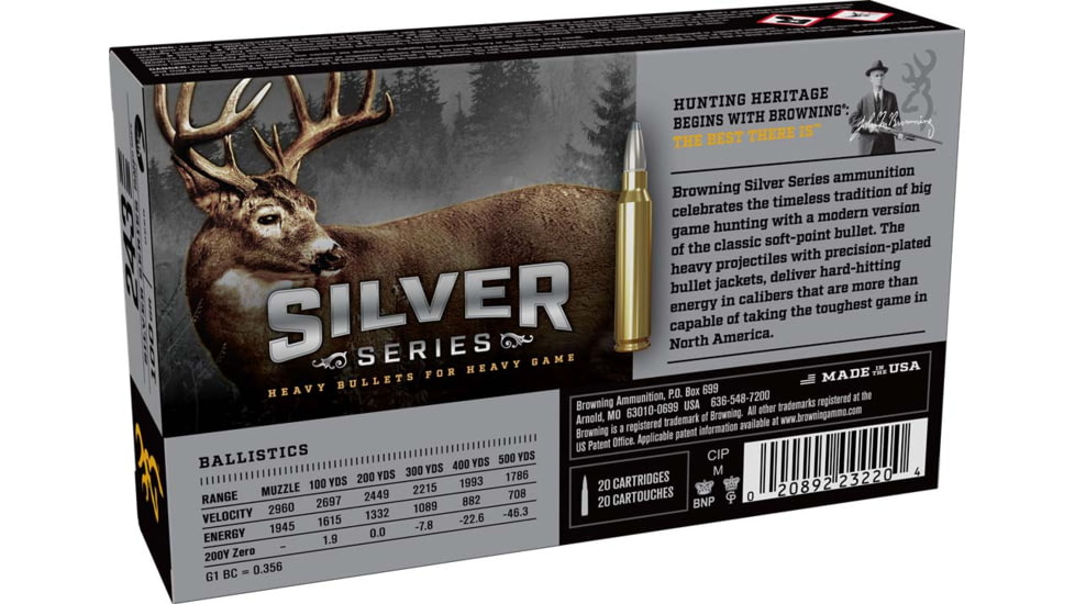 Browning SILVER SERIES 243 WIN 100 Grain Plated Soft Point Brass Rifle Ammo, 20 Rounds, B192602431