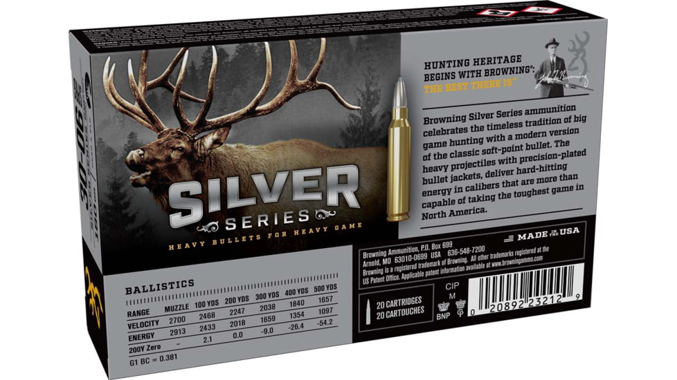 Browning SILVER SERIES 30-06 SPRG 180 Grain Plated Soft Point Brass Rifle Ammo, 20 Rounds, B192630061