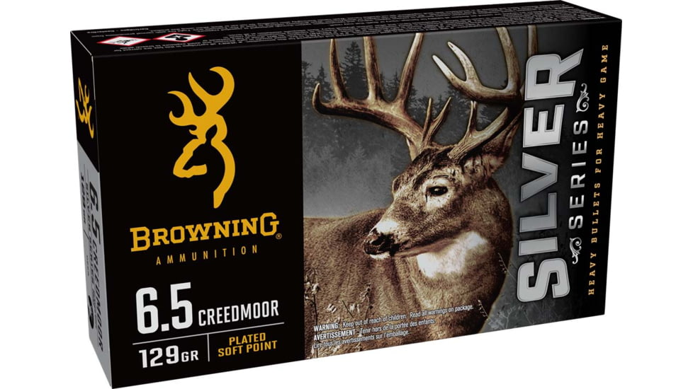 Browning SILVER SERIES 6.5 Creedmoor 129 Grain Plated Soft Point Brass Rifle Ammo, 20 Rounds, B192600651