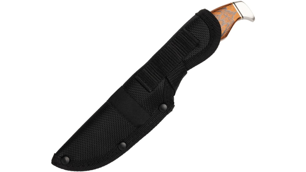 Browning Skinner Pakkawood Knife, 8.13in Overall, 3.75in Satin Stainless Steel Blade, Brown Finger Grooved Pakkawood Handle, Black Nylon Belt Sheath, 3220487