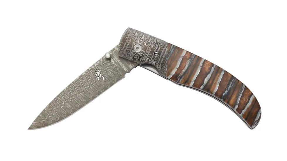 Browning Storm Front Folding Knife, 3in, Damascus, Drop Point, Mammoth Tooth Handle, N, 3220242