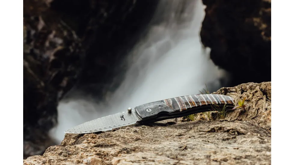 Browning Storm Front Folding Knife, 3in, Damascus, Drop Point, Mammoth Tooth Handle, N, 3220242