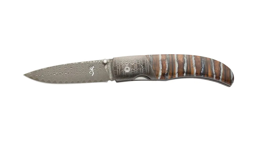 Browning Storm Front Folding Knife, 3in, Damascus, Drop Point, Mammoth Tooth Handle, N, 3220242