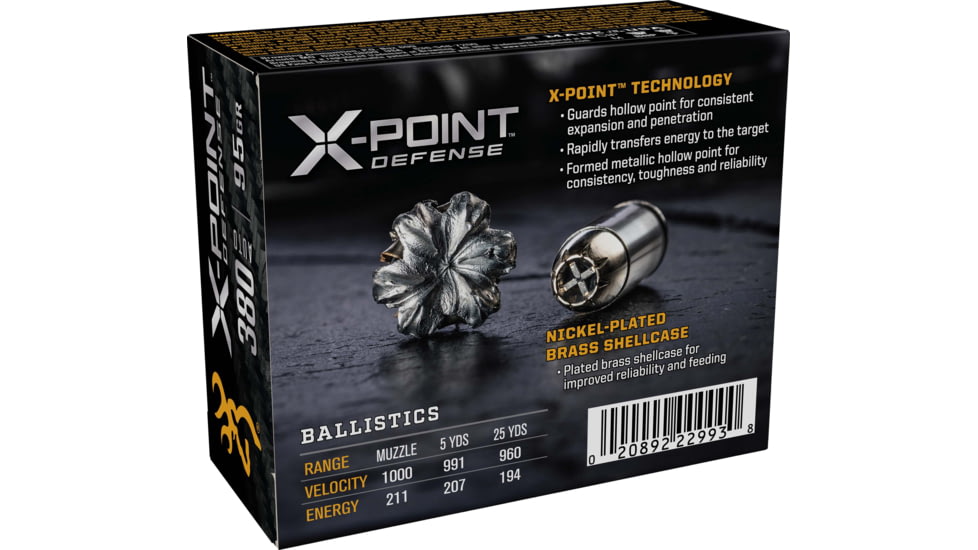Browning X-Point .380 ACP 95 grain X-Point Nickel Plated Brass Cased Centerfire Pistol Ammo, 20 Rounds, B191703802