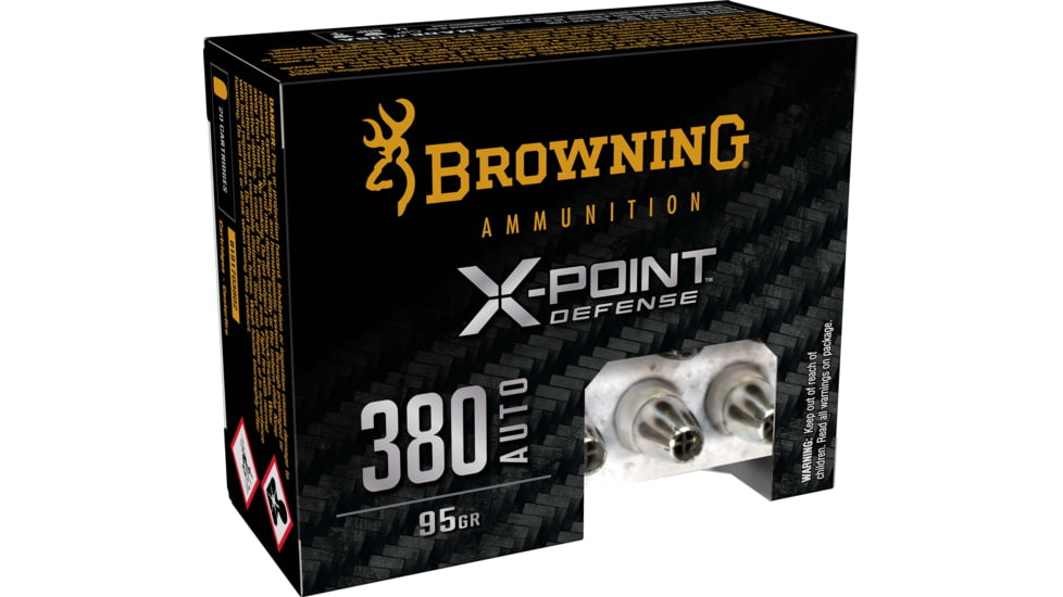 Browning X-Point .380 ACP 95 grain X-Point Nickel Plated Brass Cased Centerfire Pistol Ammo, 20 Rounds, B191703802
