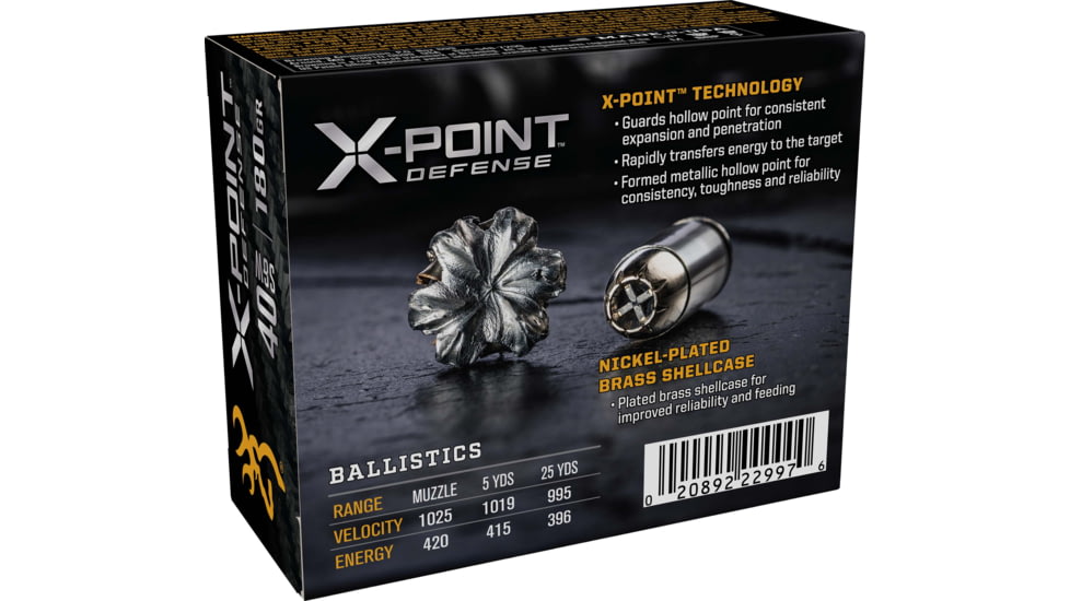 Browning X-Point .40 S&amp;W 180 grain X-Point Nickel Plated Brass Cased Centerfire Pistol Ammo, 20 Rounds, B191700402