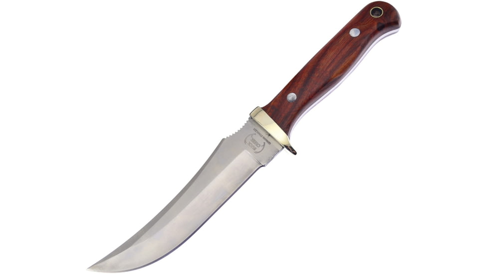 Buck Creek Fixed SS Clip Point Blade Knife Fixed Blade Knife, 10in Overall, 5.5in Satin SS Clip Point Blade, Rosewood Handle, Nickel Silver Guard, Brown Leather Belt Sheath, BC-21RW