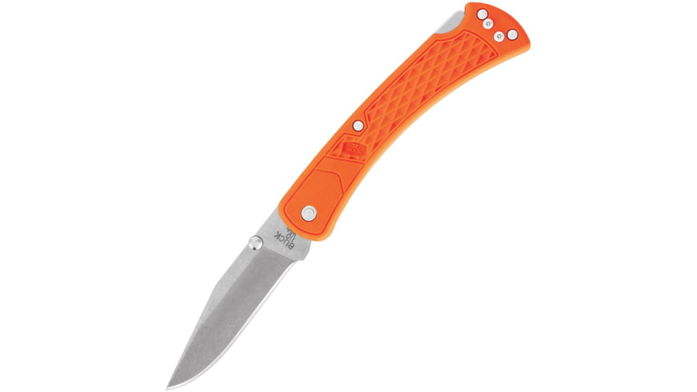 Buck Knives 110 Slim Select Lockback Org Folding Knife, 3.75 stonewash finish 420HC stainless clip point , Orange checkered glass filled nylon handle, 12699