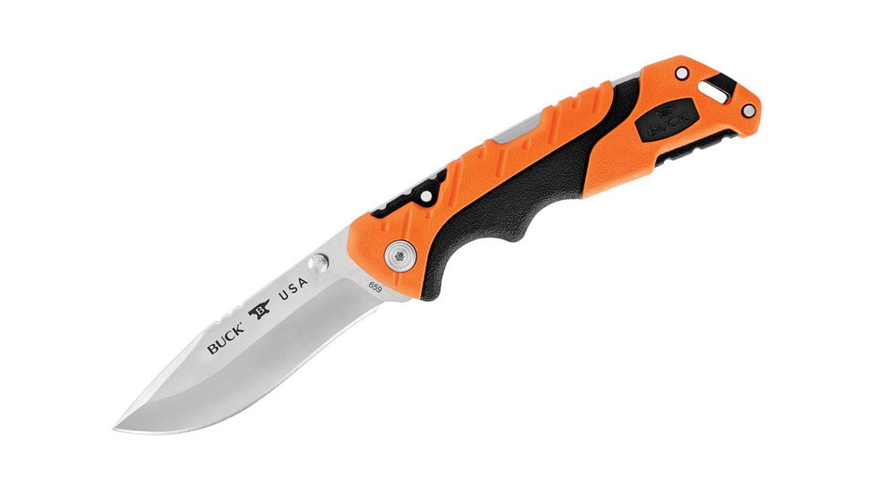 Buck Knives 659 Pursuit Pro Large Folding Knife, 3.6in S35VN Satin Drop Point, Versaflex Orange/Black Handle, 12754
