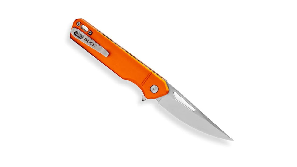 Buck Knives 239 Infusion Assisted Opening Folding Knife, 4.63 in Closed, 3.25 in, 7Cr17MoV, Satin Drop Point Blade, Orange Anodized Aluminum Handle, 13551