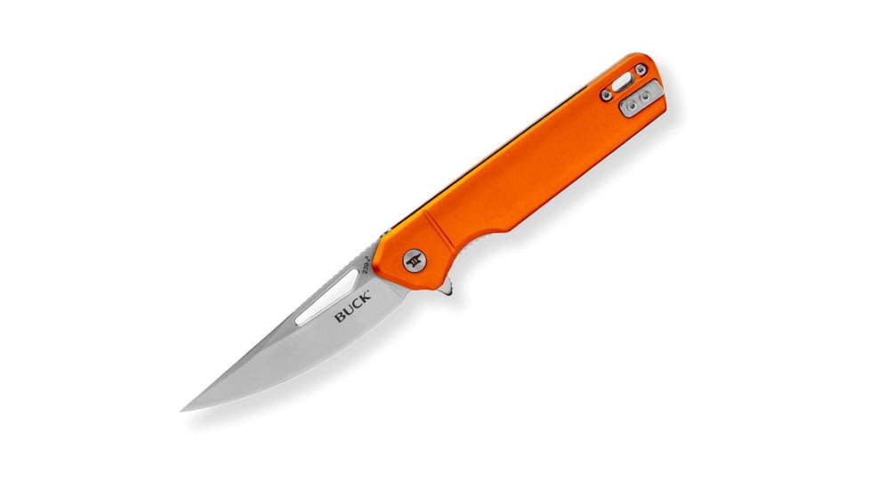 Buck Knives 239 Infusion Assisted Opening Folding Knife, 4.63 in Closed, 3.25 in, 7Cr17MoV, Satin Drop Point Blade, Orange Anodized Aluminum Handle, 13551