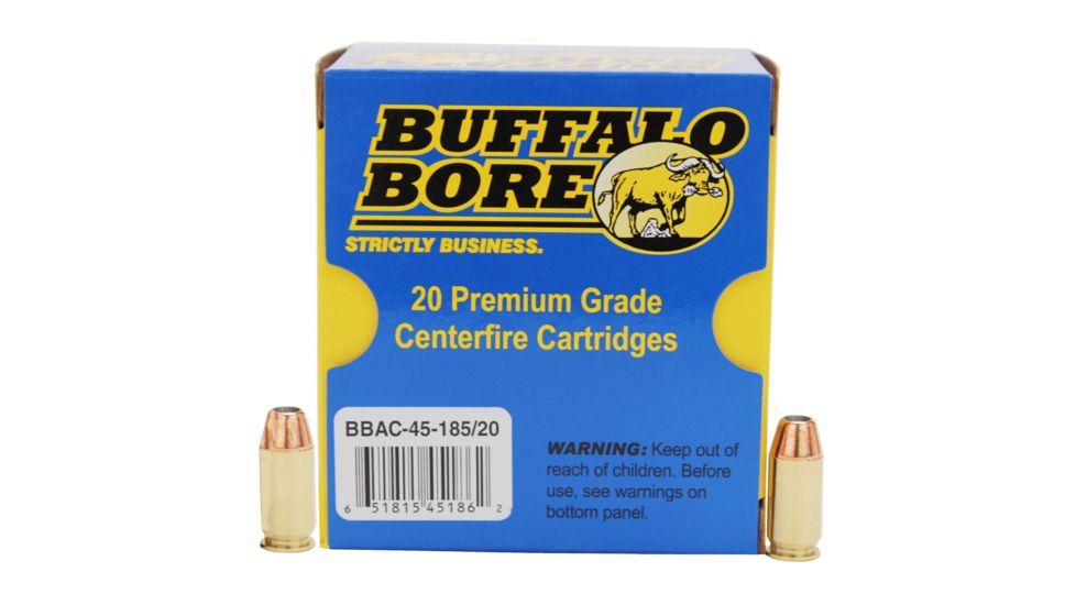 Buffalo Bore Ammunition .45 ACP +P, 185 Grain, JHP, Brass Cased, Centerfire Pistol Ammo, 20 Rounds, 45-185/20