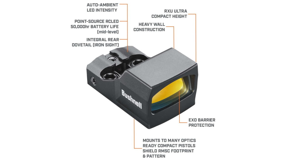 Bushnell 1x21 RXU-200 Ultra-Compact Reflex Sight, 6 MOA Dot, 25 yds, Box, Black, RXU200