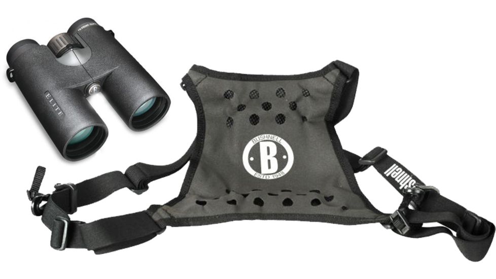 Bushnell Elite E2 10x42 Roof Prism ED Glass Water Repellent Binoculars, Black, and Bushnell Deluxe Binocular Harness Strap, 620142ED-KIT1