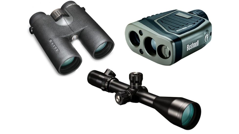 Bushnell Elite Package - Bushnell 6-24x50mm Elite Illuminated MilDot Argon 30mm Rifle Scope, Matte Black ET6245F w/ Bushnell Elite Rangefinder 205110 and Binocular 620142ED