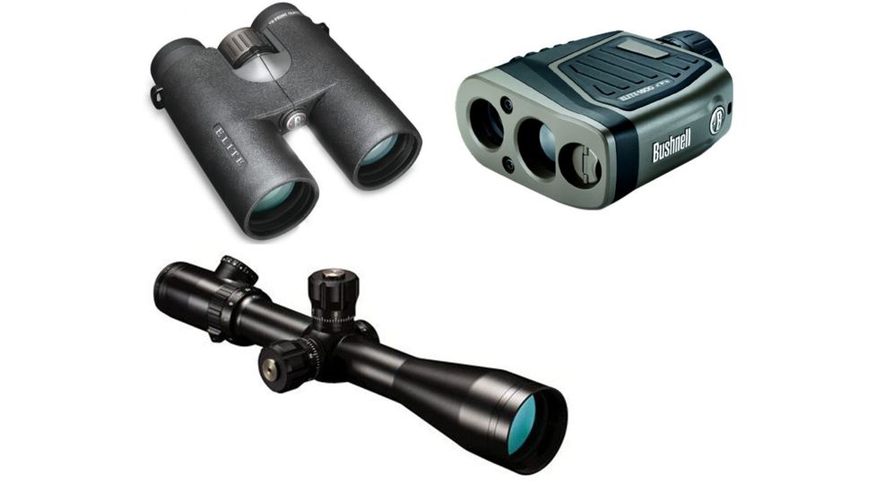 Bushnell Elite Package - Bushnell Elite 3-12x44 Illuminated MilDot Reticle Rifle Scope, 30mm Tube, Matte Black ET3124F w/ Bushnell Elite Rangefinder 205110 and Binocular 620142ED