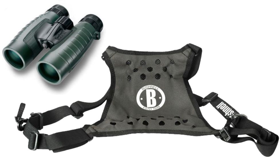 Bushnell Trophy XLT 12x50mm Roof BaK4 Prism Binoculars, Green 235012 and Bushnell Deluxe Binocular Harness Strap 191225