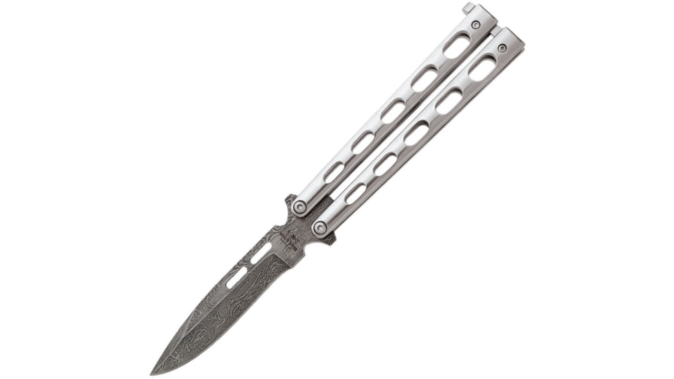 Bear &amp; Son Cutlery Butterfly Folding Knife, 3.3in, Damascus Steel, Drop Point Blade, Stainless Steel Handle, SS15D