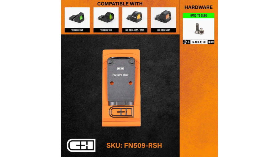 C&amp;H Precision Weapons FN 509 Adapter Plate, Trijicon RMR/SRO, Holosun, 407C, 507C,508C, 508T, Black, FN509-RSH