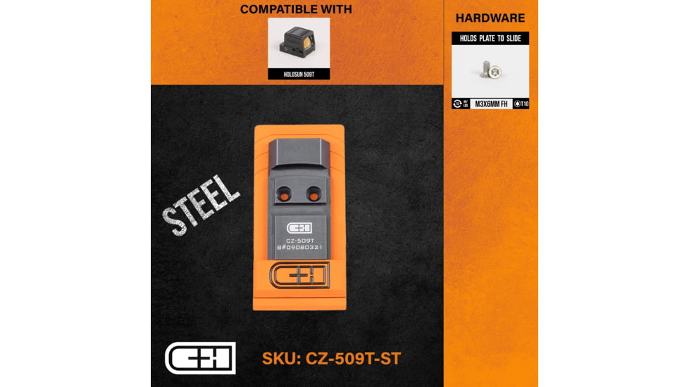 C&amp;H Precision Weapons Optics Adapter Plate, Cz P-10 V4 Mil/leo, Steel, Holosun 509T, CZ-509T-ST