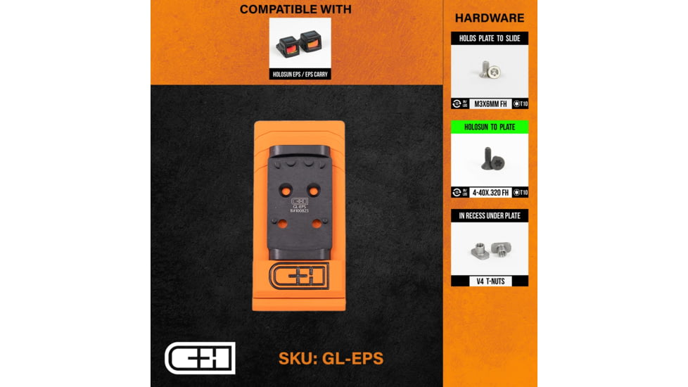 C&amp;H Precision Weapons Optics Adapter Plate, For Glock Mos V4 Mil/leo, Holosun EPS, GL-EPS