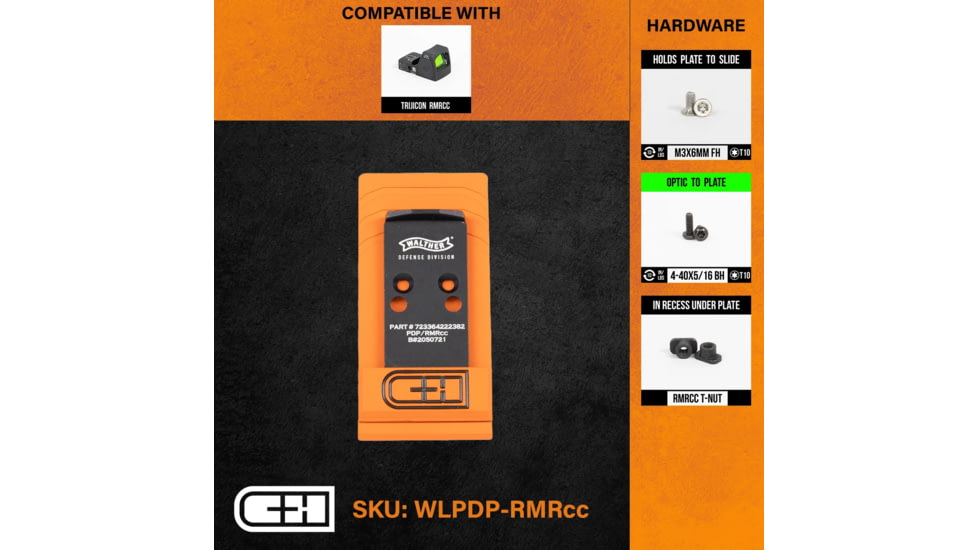 C&amp;H Precision Weapons Optics Adapter Plate Walther Defense Pdp 1.0, Trijicon RMRcc, WLPDP-RMRCC