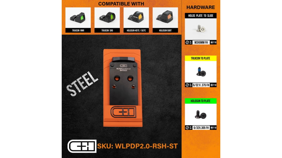 C&amp;H Precision Weapons Optics Adapter Plate Walther Defense Pdp 2.0, Trijicon RMR/SRO, WLPDP20-RSH-ST