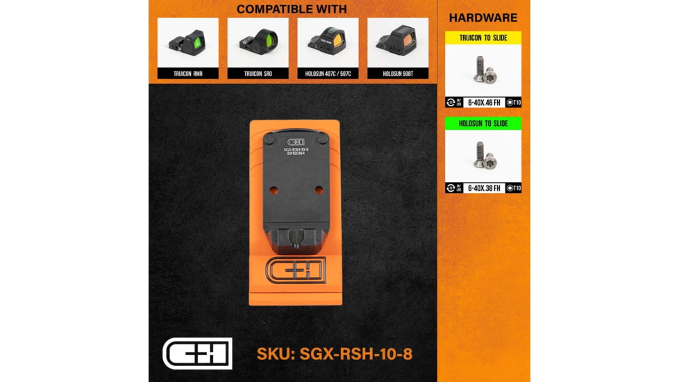 C&amp;H Precision Weapons SIG X-Series Romeo1 Pro Adapter Plate, Trijicon RMR/SRO, HOLOSUN 407C, 507C, 508T w/ 10-8 Rear Sight, Black, SGX-RSH-10-8