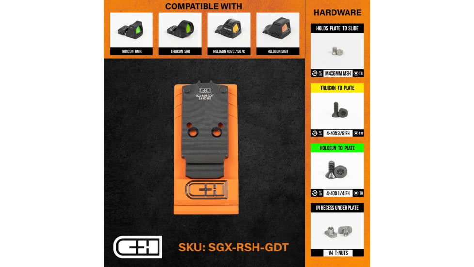 C&amp;H Precision Weapons SIG X-Series Romeo1 Pro Adapter Plate, Trijicon RMR/SRO, HOLOSUN 407C, 507C, 508T w/ GLOCK Dovetail, Black, SGX-RSH-GDT