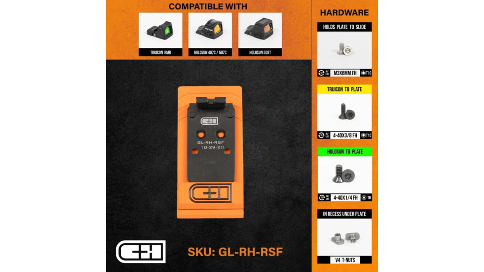 C&amp;H Precision Weapons V4 MIL/LEO Adapter Plate, Glock MOS, Trijicon RMR / Holosun 407C / 507C / 508C/ 508T, Black, GL-RH-RSF