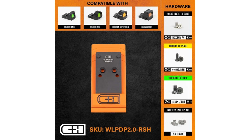 C&amp;H Precision Weapons Walther Defense PDP 2.0 Adapter Plate, Trijicon RMR,SRO, HOLOSUN 407C, 507C, 508C, 508, Black, WLPDP2.0-RSH